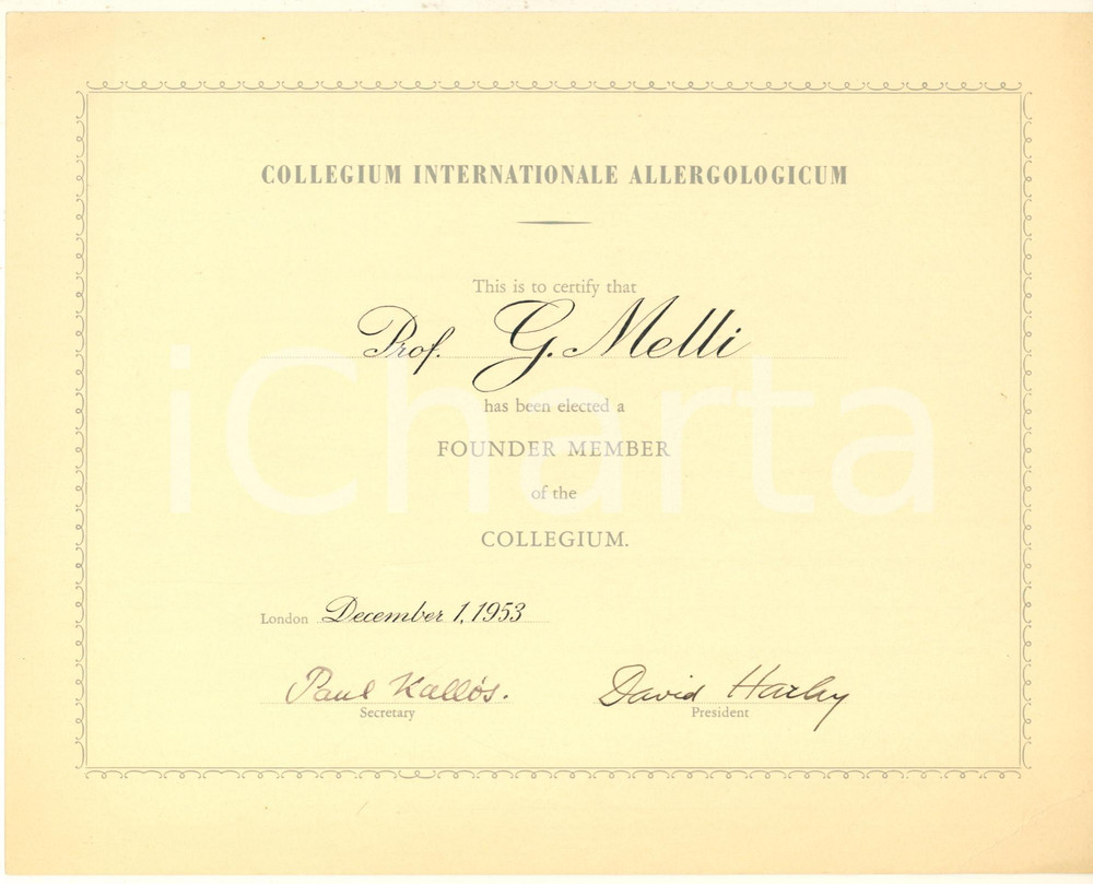 Documento originale, autentico 1953 LONDON Collegium Internationale Allergologicum  Certificate founder member 1