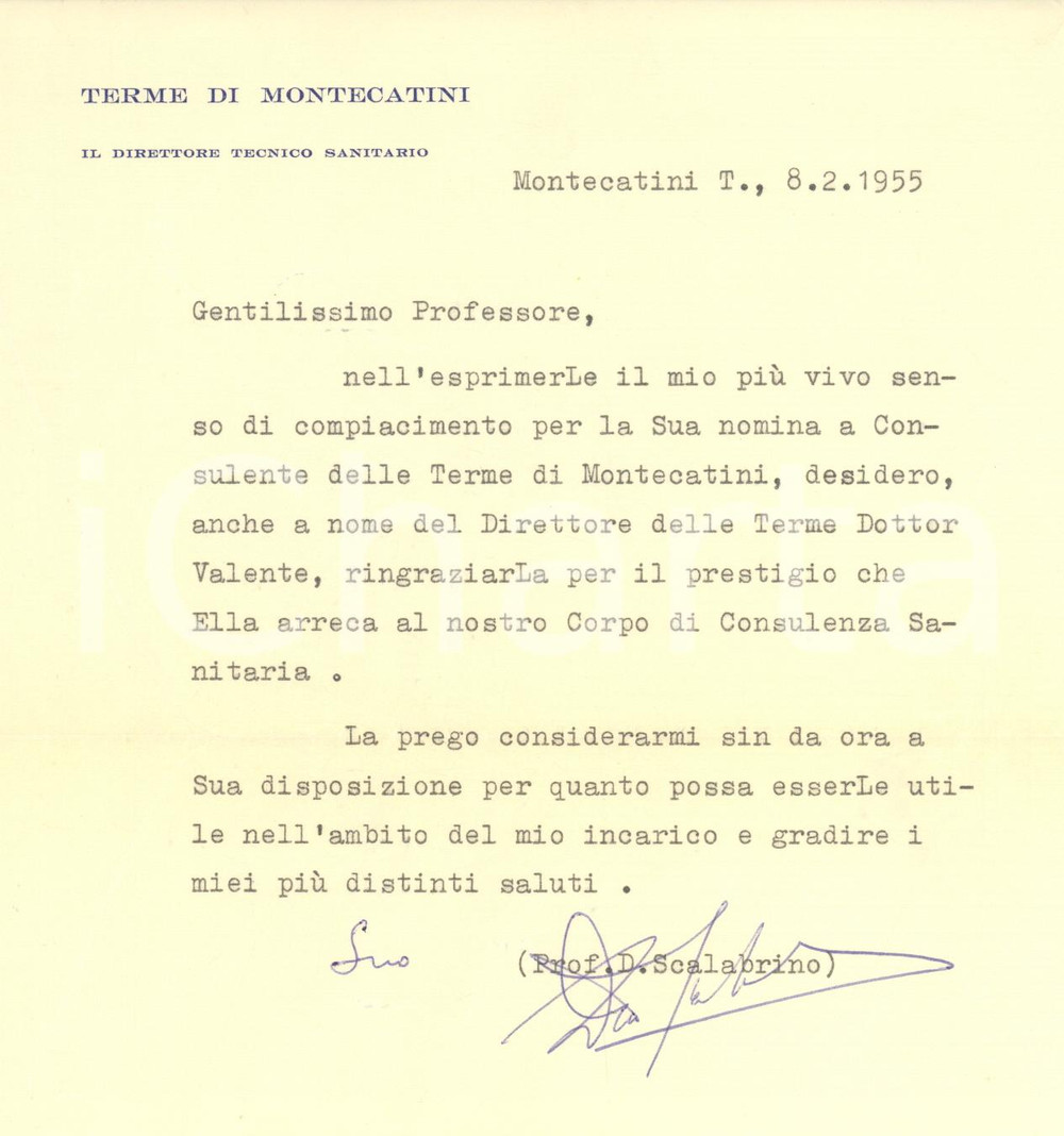 Autografo originale 1955 MONTECATINI TERME Prof. Dino SCALABRINO direttore sanitario Autografo 1