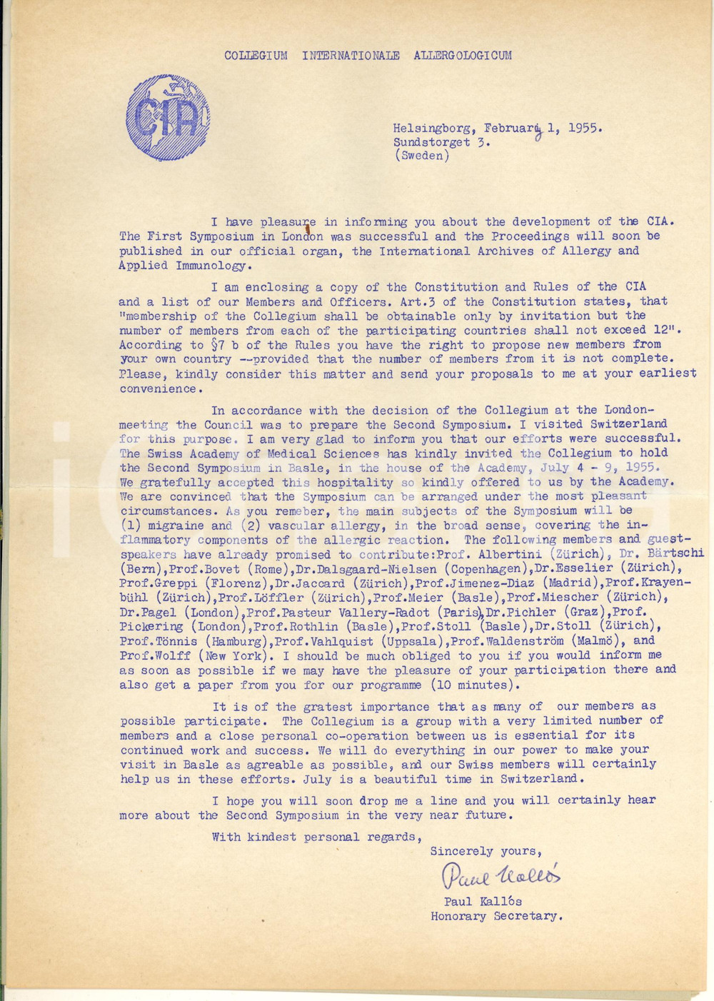 Autografo originale 1955 HELSINGBORG Collegium Internationale Allergologicum  Lettera Paul KALLOS 1