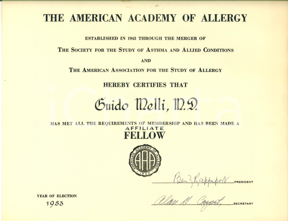 Documento originale, autentico 1953 THE AMERICAN ACADEMY OF ALLERGY  Certificato membro Guido Melli 1