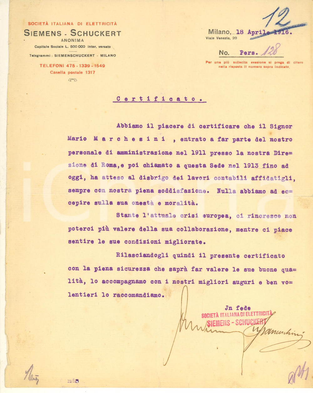 Documento originale, autentico 1916 WW1 MILANO Società Elettricità SIEMENSSCHUCKERT  Lettera referenze 1