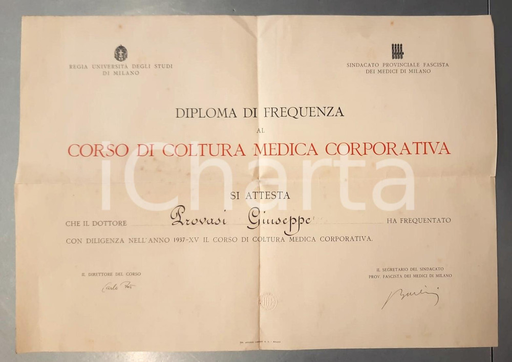 Documento originale, autentico 1937 Regia Università di MILANO  Corso di coltura medica corporativa Attestato 1