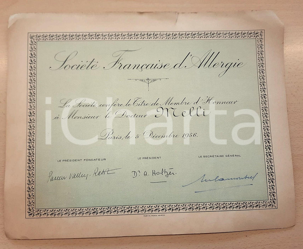 Documento originale, autentico 1956 SOCIETE FRANÇAISE D ALLERGIE  Attestato membro d onore AUTOGRAFI 1