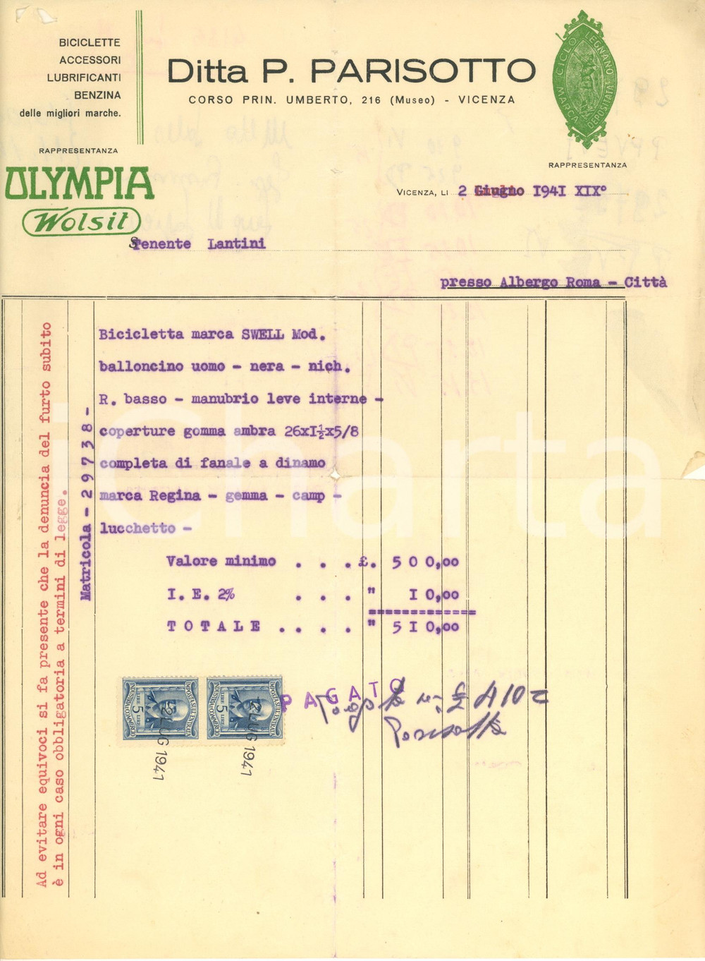 Documento originale, autentico 1941 VICENZA Corso Principe Umberto Ditta P. PARISOTTO Fattura bicicletta SWELL 1
