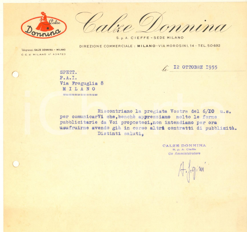 Documento originale, autentico 1955 MILANO Via Morosini  Calze DONNINA Lettera commerciale su carta intestata 1