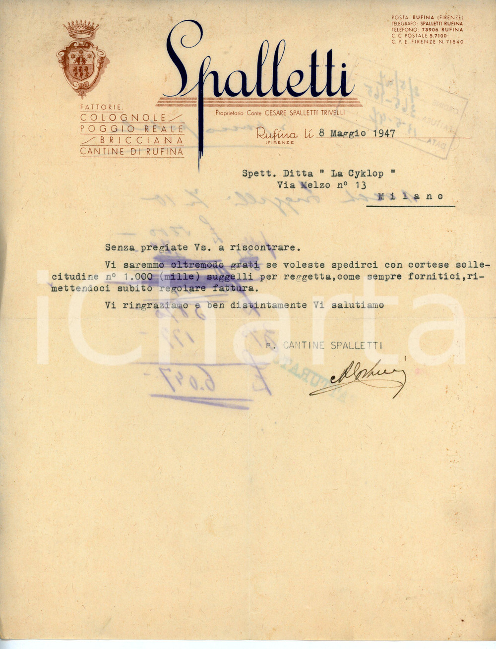 Documento originale, autentico 1947 RUFINA  S.A.V. Società Agraria Vinicola SPALLETTI Lettera commerciale 1 1