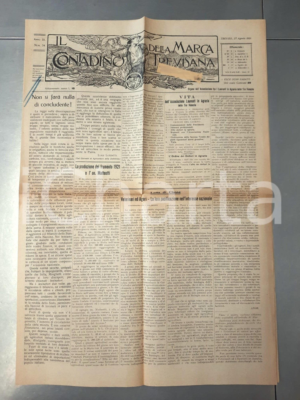 Giornale, rivista storica 1921 IL CONTADINO DELLA MARCA TREVISANA Giacomo Matteotti sul frumento Giornale 1