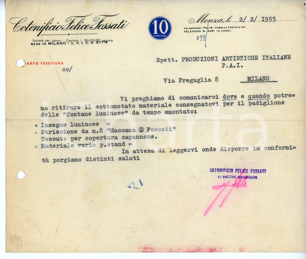 Documento originale, autentico 1955 MONZA Cotonificio Felice FOSSATI Materiale per padiglione FONTANE LUMINOSE 1