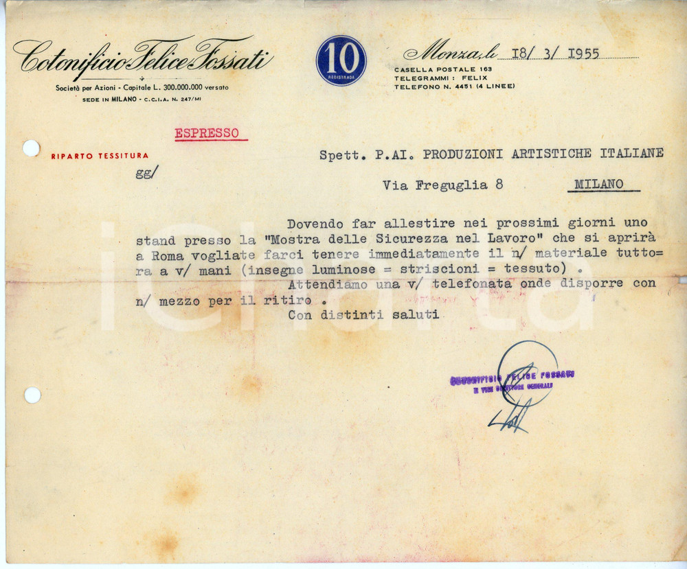 Documento originale, autentico 1955 MONZA Cotonificio Felice FOSSATI Materiale per Mostra sicurezza del lavoro 1