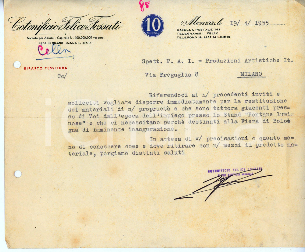 Documento originale, autentico 1955 MONZA Cotonificio Felice FOSSATI Materiale per la Fiera di BOLOGNA Lettera 1