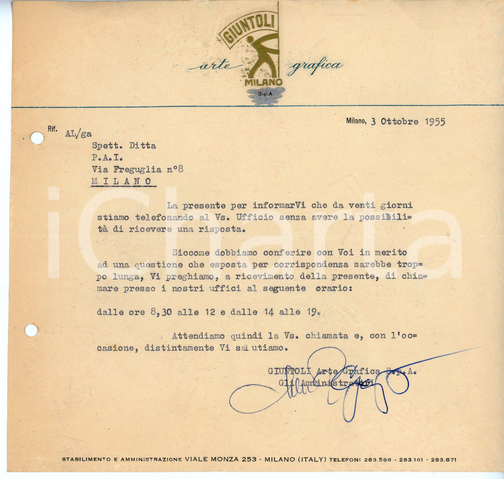 Documento originale, autentico 1955 MILANO Viale Monza 253 Arte grafica GIUNTOLI Lettera commerciale 21x20 cm 1