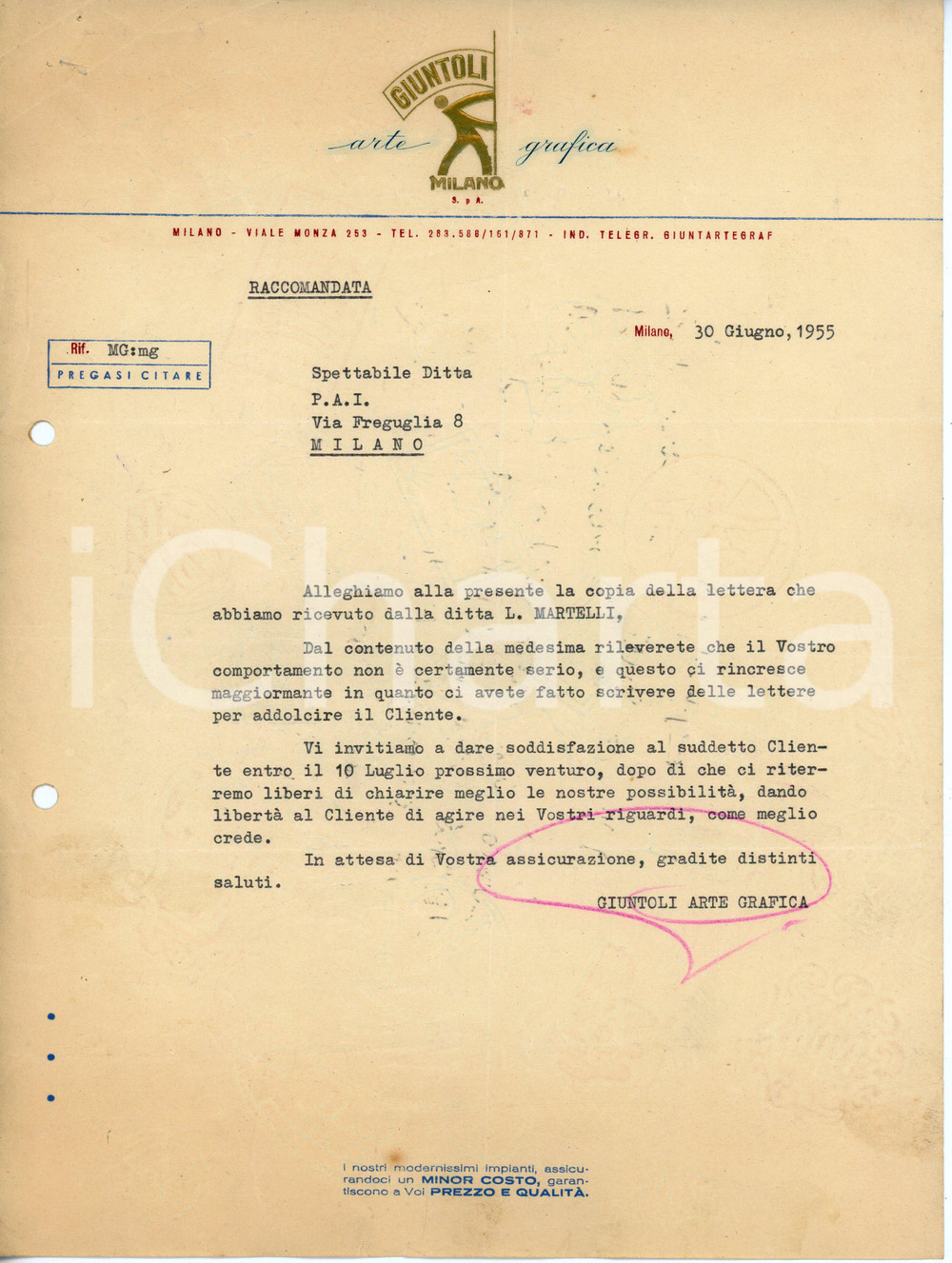 Documento originale, autentico 1955 MILANO Viale Monza 253 Arte grafica GIUNTOLI Lettera commerciale 21x28 cm 1 1