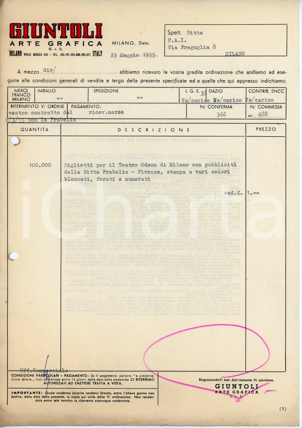Documento originale, autentico 1955 MILANO Viale Monza 253 Arte grafica GIUNTOLI Fattura biglietti TEATRO ODEON 1