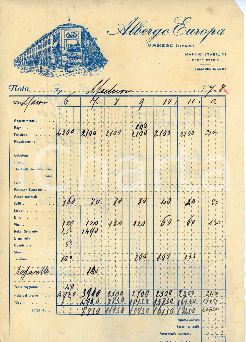 Documento originale, autentico 1948 VARESE Albergo Europa di Manlio Stabilini  Fattura 21x31 cm 4 1