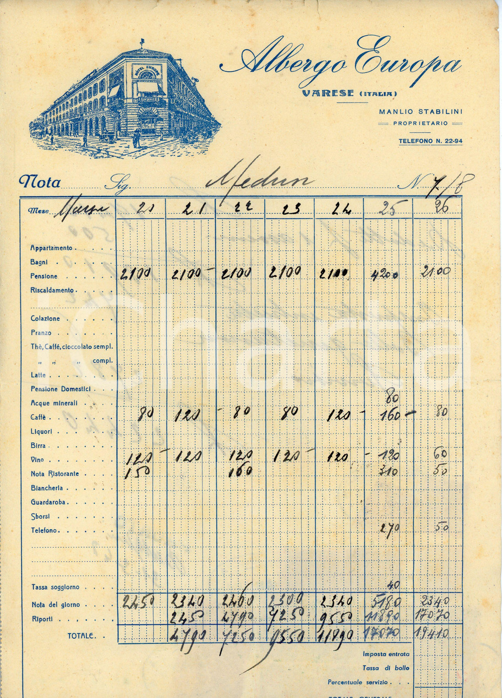 Documento originale, autentico 1948 VARESE Albergo Europa di Manlio Stabilini  Fattura 21x31 cm 3 1