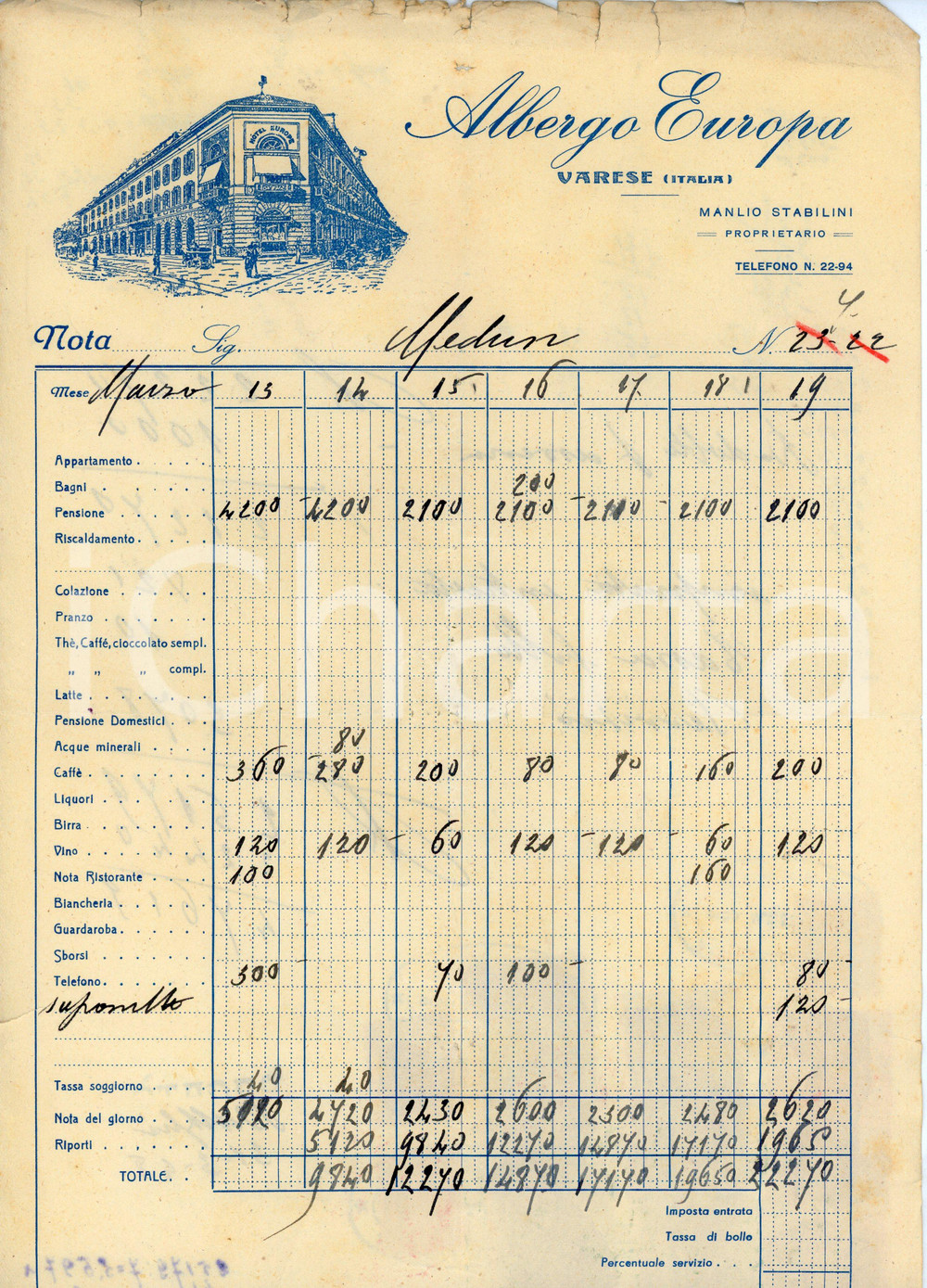Documento originale, autentico 1948 VARESE Albergo Europa di Manlio Stabilini  Fattura 21x31 cm 2 1