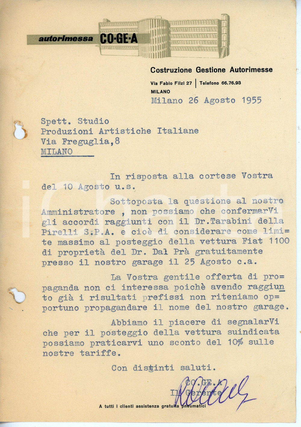 Documento originale, autentico 1955 MILANO Via Fabio Filzi 27 Autorimessa COGEA Posteggio gratuito FIAT 1100 1