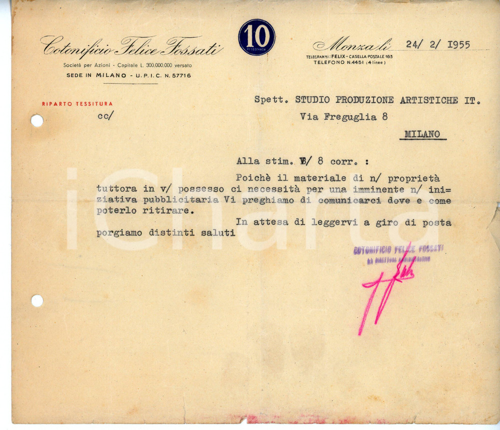 Documento originale, autentico 1955 MONZA Cotonificio Felice FOSSATI Lettera commerciale 22x19 cm 1