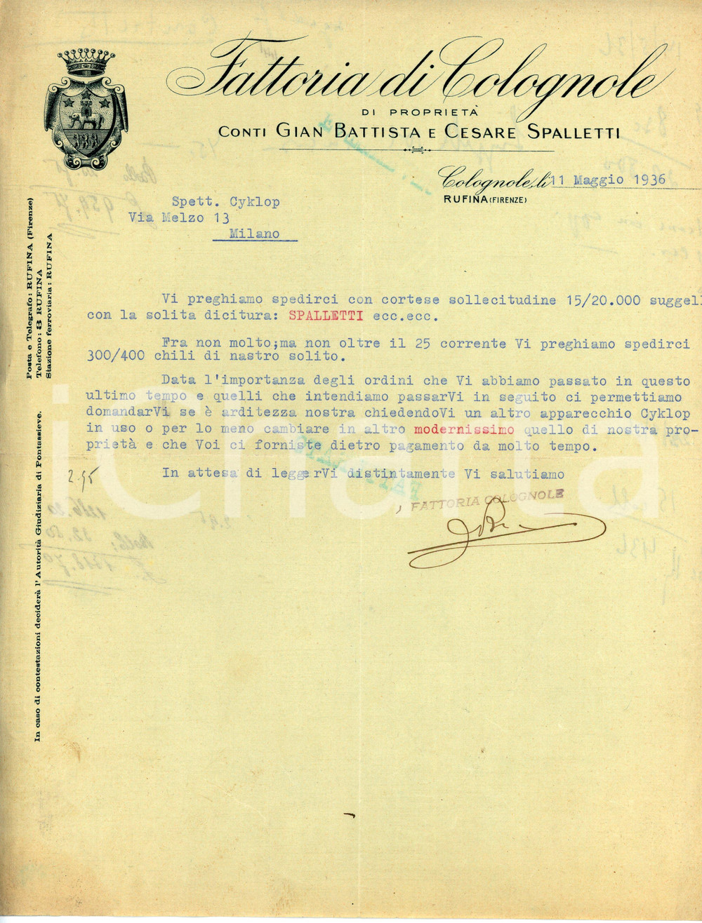 Documento originale, autentico 1936 COLLESALVETTI Fattoria COLOGNOLE Gian Battista e Cesare SPALLETTI Lettera 1