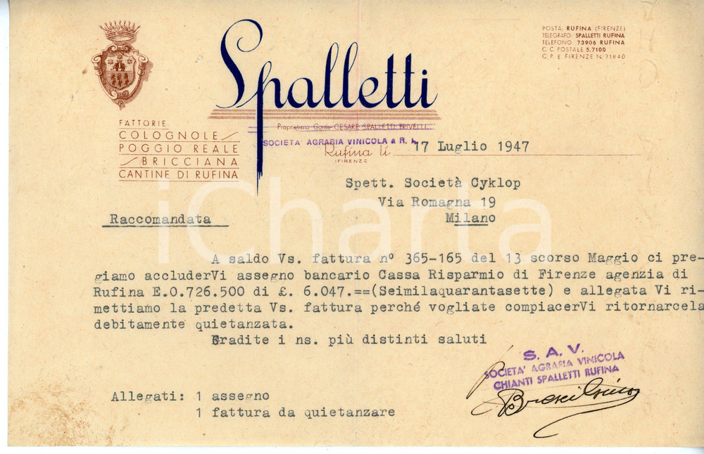 Documento originale, autentico 1947 RUFINA  S.A.V. Società Agraria Vinicola SPALLETTI Lettera commerciale 2 1