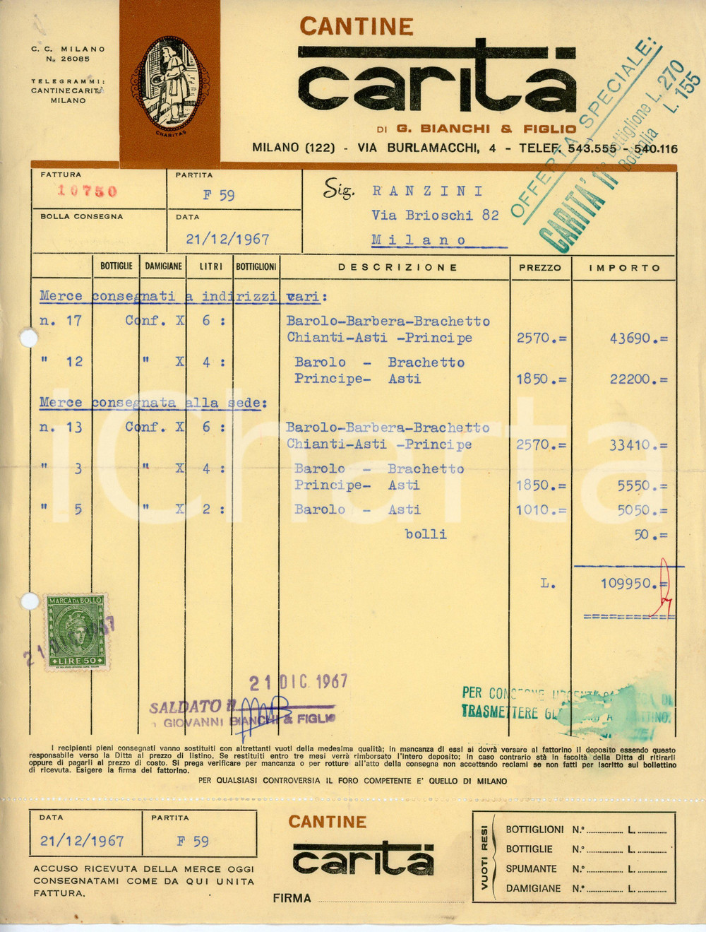Documento originale, autentico 1967 MILANO Via Burlamacchi 4 CANTINE CARITÀ Fattura per vini BAROLO Barbera 1