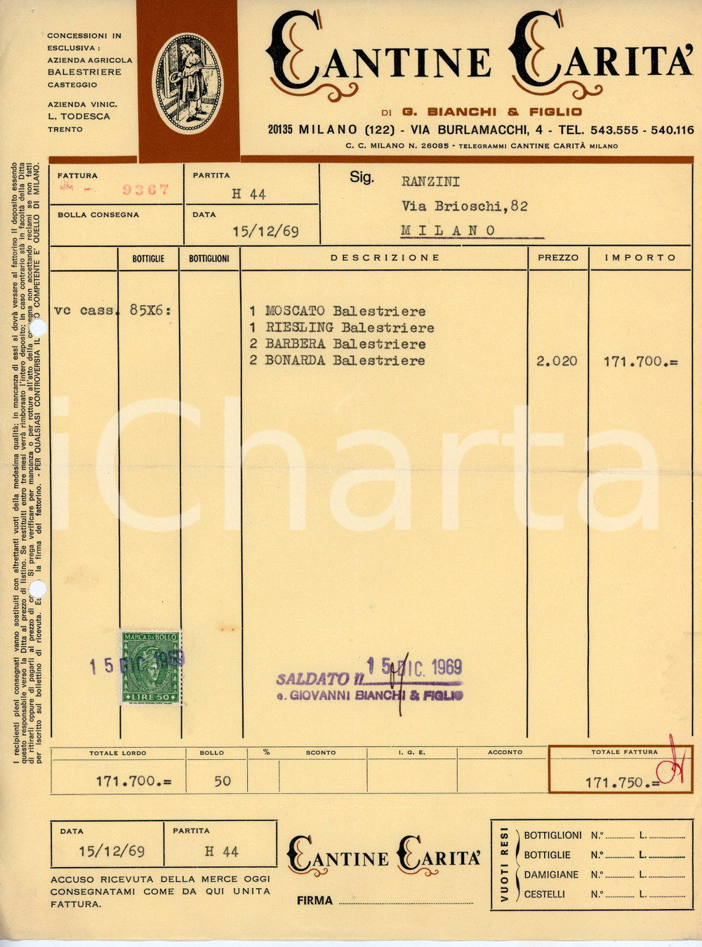 Documento originale, autentico 1969 MILANO Via Burlamacchi 4 CANTINE CARITÀ Fattura per vini BALESTRIERE 1