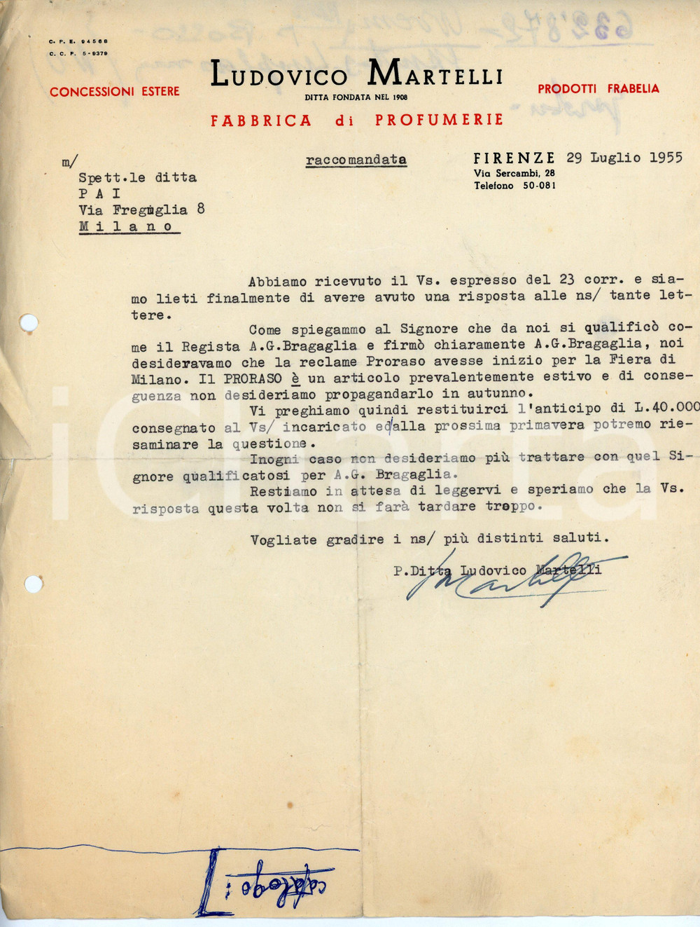 Documento originale, autentico 1955 FIRENZE Ludovico MARTELLI non vuole trattare con Anton Giulio BRAGAGLIA 1