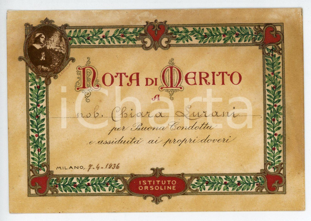 Oggetto da collezione cartaceo 1936 MILANO Istituto Orsoline  Note di merito a Chiara LURANI 1