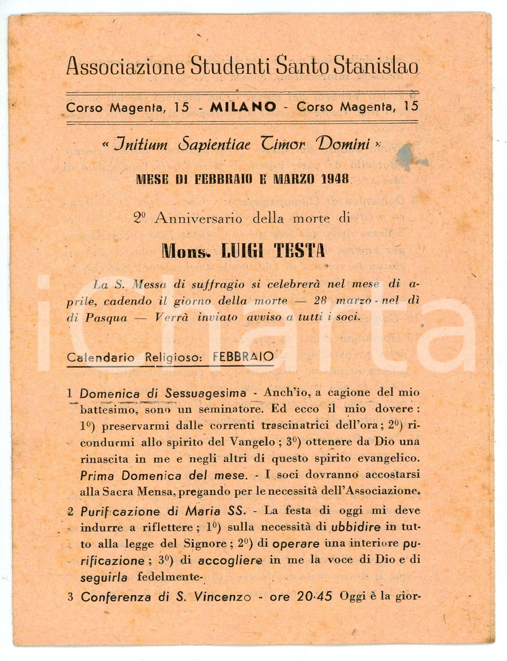 Oggetto da collezione cartaceo 1948 MILANO Studenti Santo Stanislao 2° Anniversario morte Mons. Luigi TESTA 1