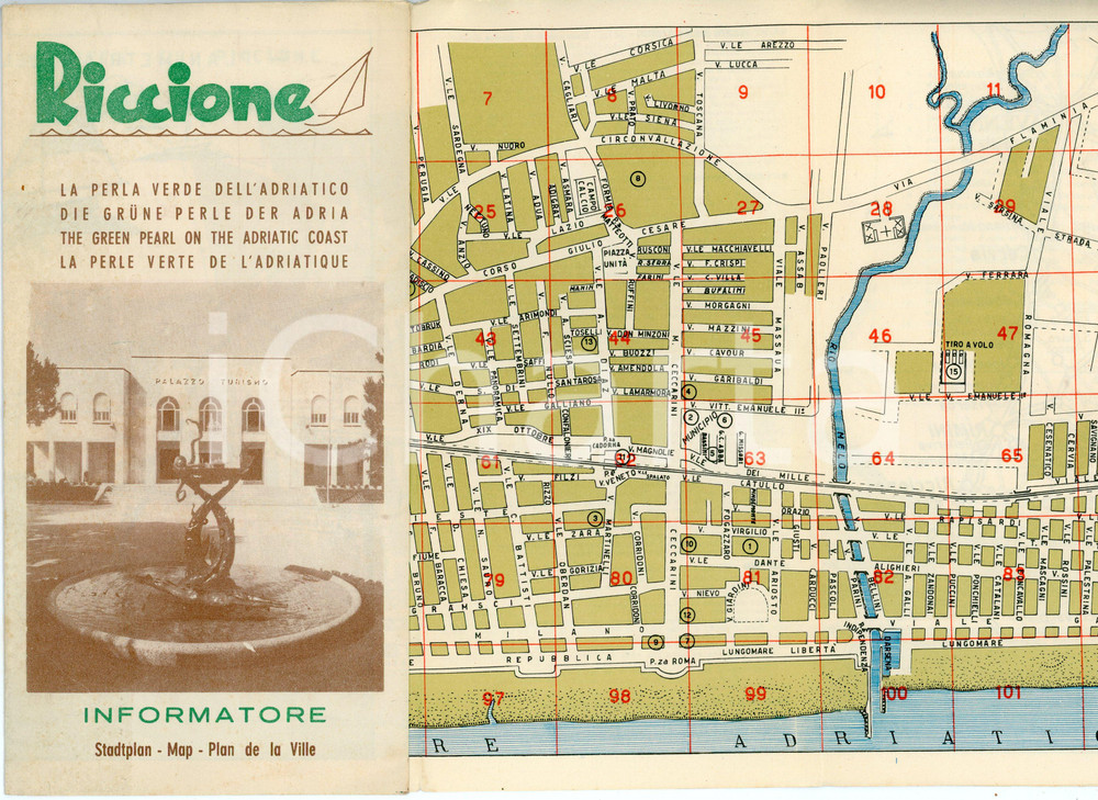 Materiale pubblicitario d’epoca 1959 RICCIONE Perla verde dell Adriatico  Informatore  Pieghevole con mappa 1
