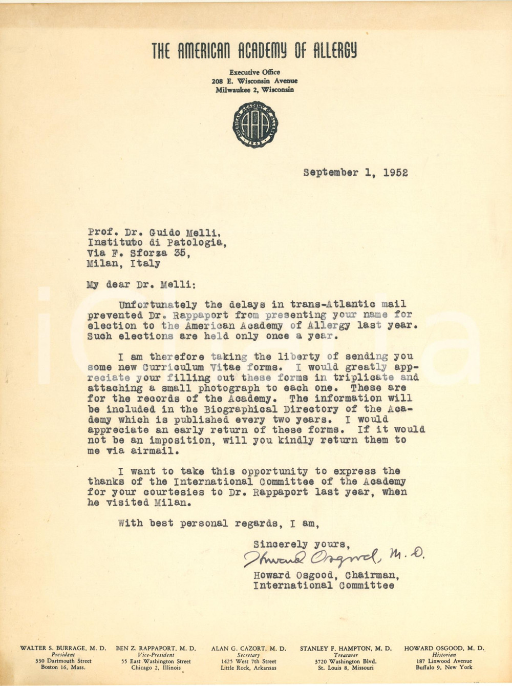 Documento originale, autentico 1951 THE AMERICAN ACADEMY OF ALLERGY  Lettera  Ben Z. RAPPAPORT  Autografo 1