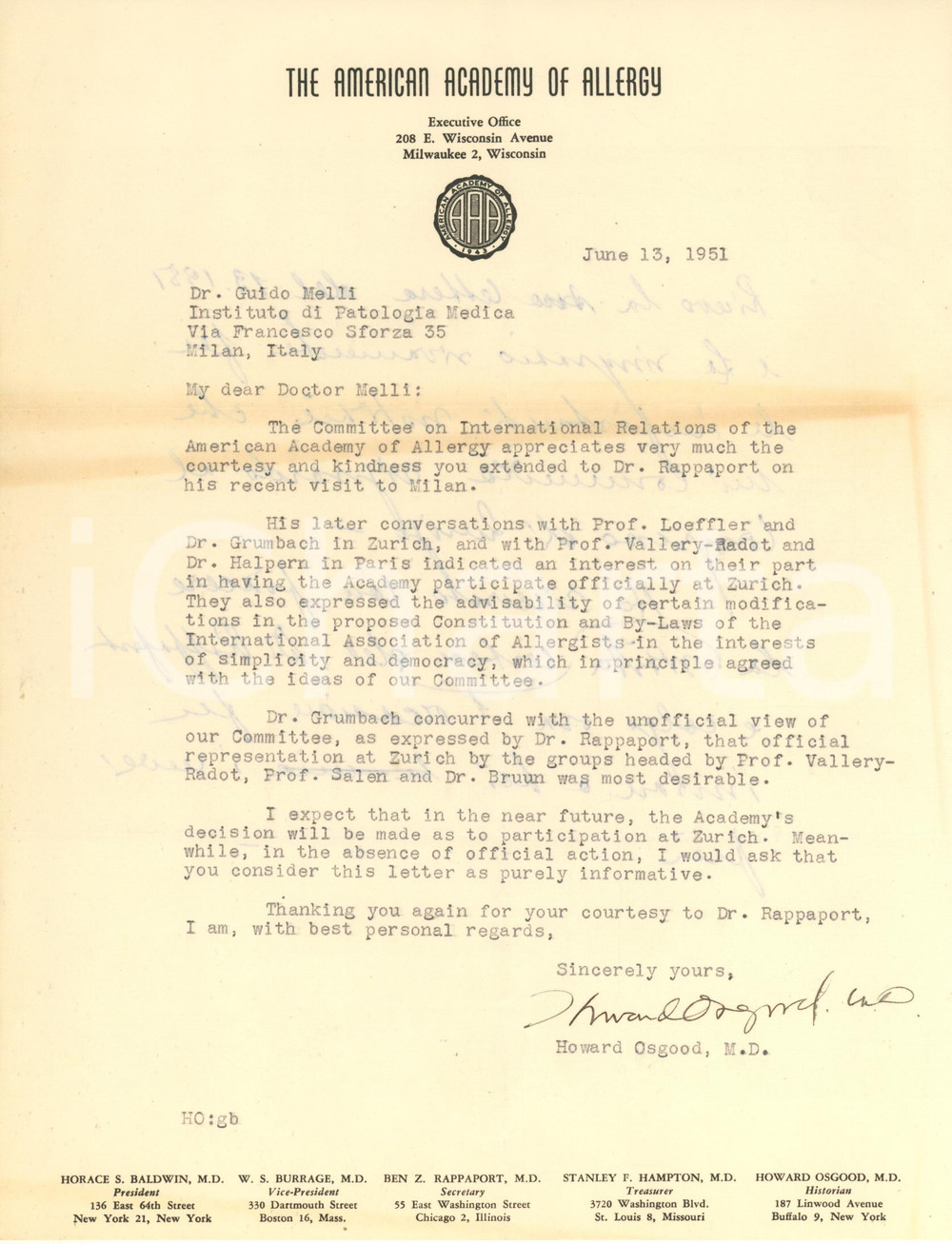 Documento originale, autentico 1951 THE AMERICAN ACADEMY OF ALLERGY  Lettera Howard OSGOOD Autografo 1