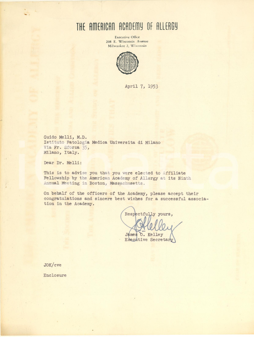Documento originale, autentico 1953 THE AMERICAN ACADEMY OF ALLERGY  Lettera James O. KELLEY Autografo 1
