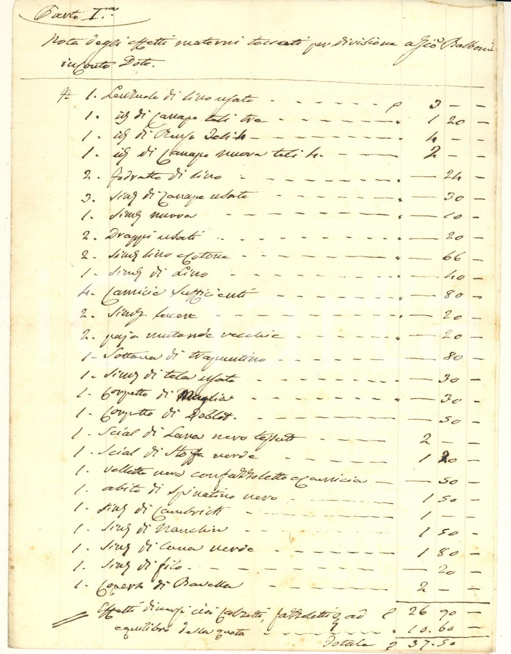 Documento originale, autentico 1800 ca FERRARA Nota beni materni a Giovanni BALBONI in conto dote Manoscritto 1