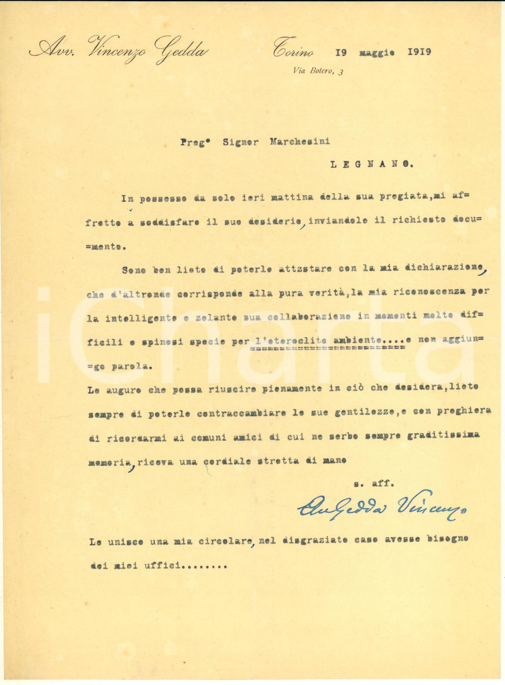 Documento originale, autentico 1919 TORINO Avvocato Vincenzo GEDDA  Lettera di ringraziamento  Autografo 1