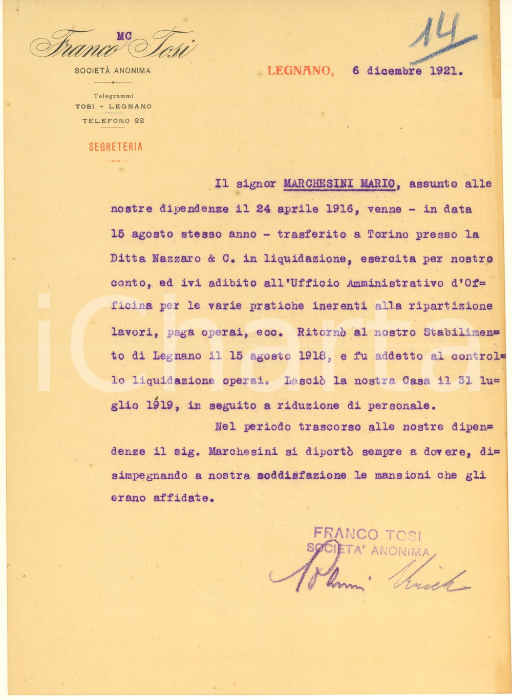 Documento originale, autentico 1921 LEGNANO Società FRANCO TOSI  Lettera di referenze rimpiegato  Autografo 1