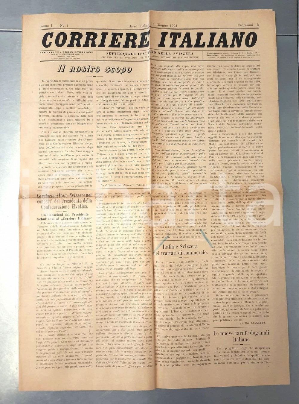 Giornale, rivista storica 1921 BERNA  CORRIERE ITALIANO Relazioni italosvizzere Giornale anno I n° 1 1