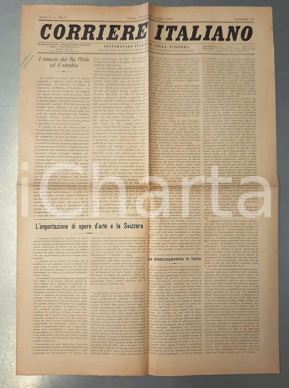 Giornale, rivista storica 1921 BERNA  CORRIERE ITALIANO Divieto importazione opere d arte in Svizzera 1