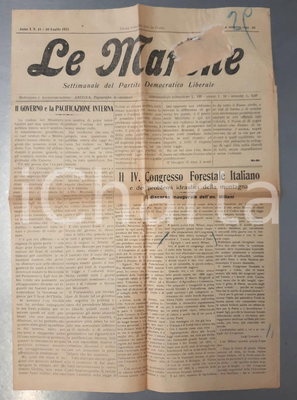 Giornale, rivista storica 1921 LE MARCHE IV Congresso Forestale Italiano  Discorso on. Miliani Giornale 1