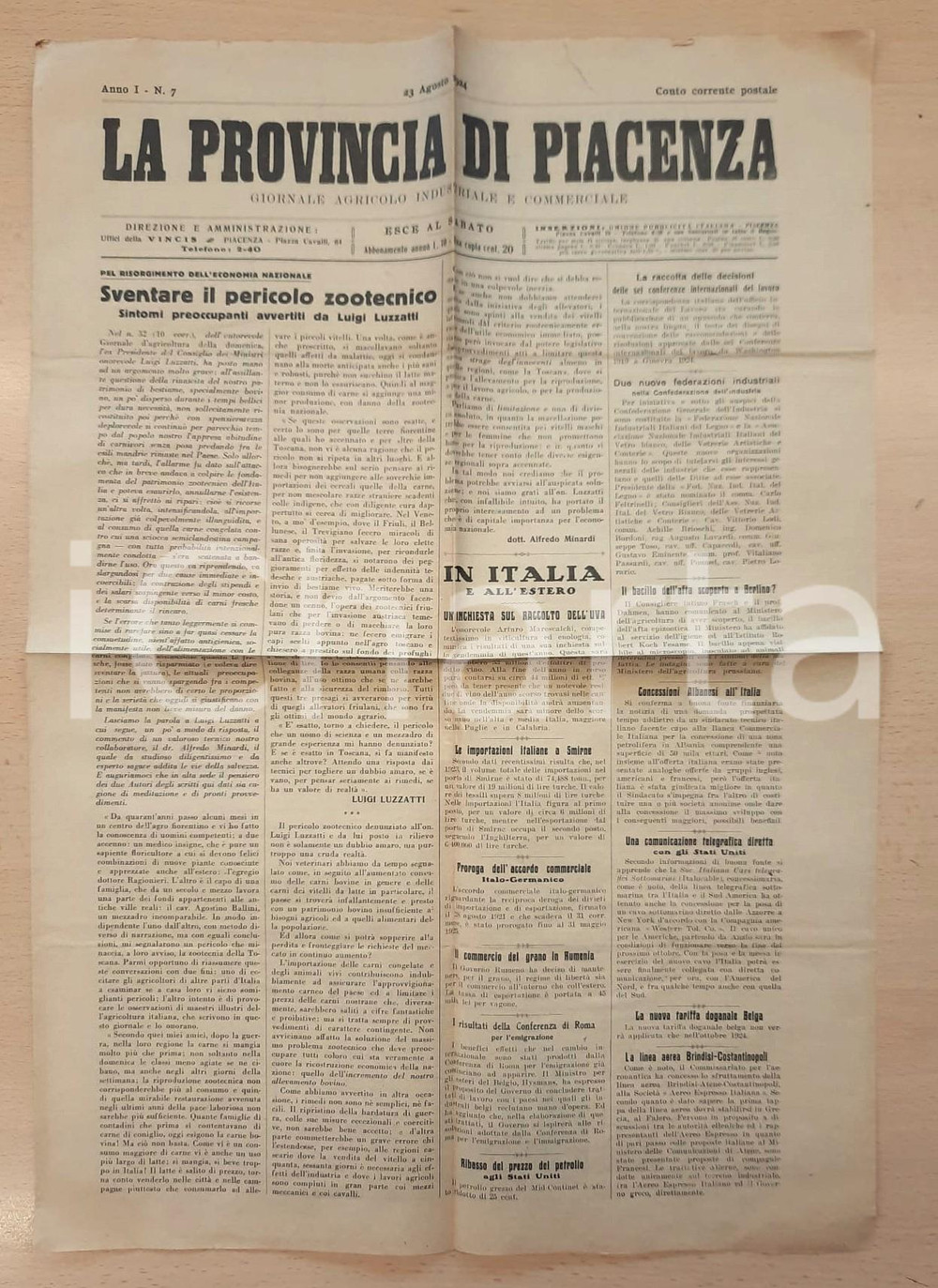 Giornale, rivista storica 1924 LA PROVINCIA DI PIACENZA Sventare il pericolo zootecnico Giornale 1