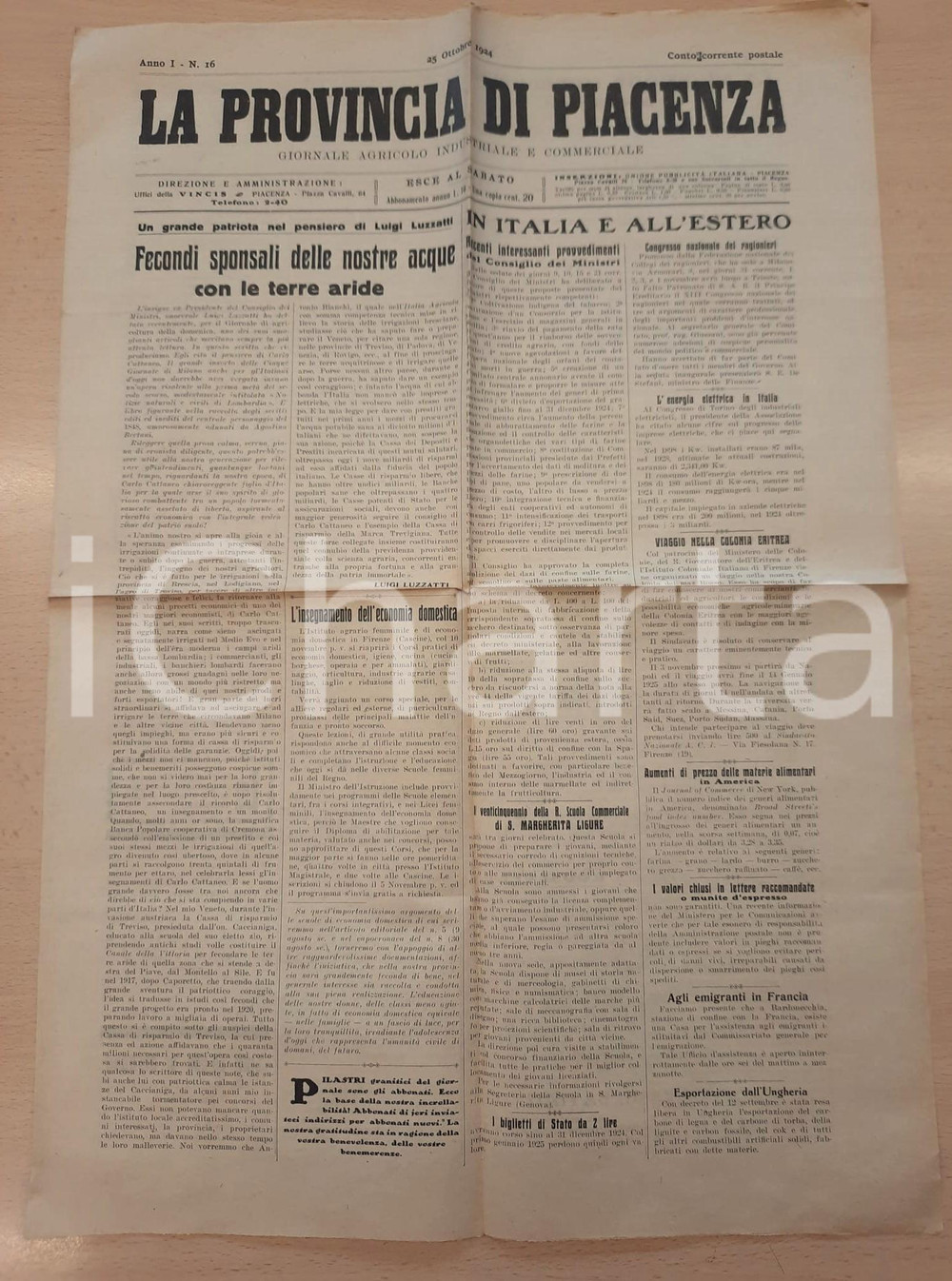 Giornale, rivista storica 1924 LA PROVINCIA DI PIACENZA Situazione commerciale prodotti agrari  aumenti 1