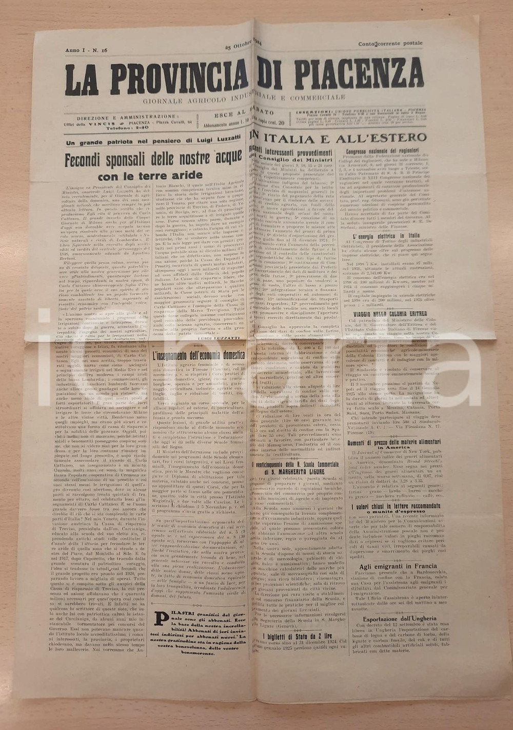Giornale, rivista storica 1924 LA PROVINCIA DI PIACENZA Situazione commerciale prodotti agrari e aumenti 1