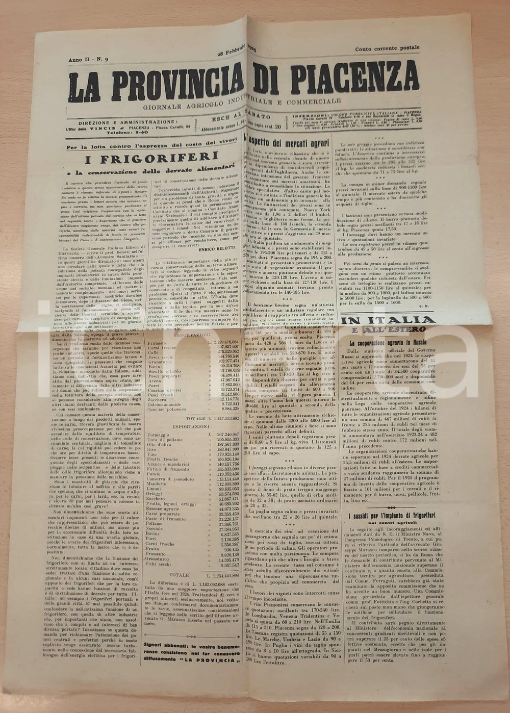 Giornale, rivista storica 1925 LA PROVINCIA DI PIACENZA Frigoriferi e conservazione derrate Giornale 1