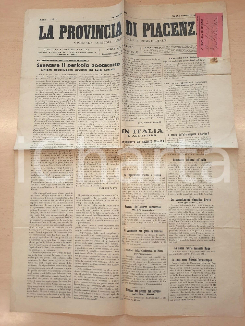 Giornale, rivista storica 1924 LA PROVINCIA DI PIACENZA Sventare il pericolo zootecnico  Giornale 1