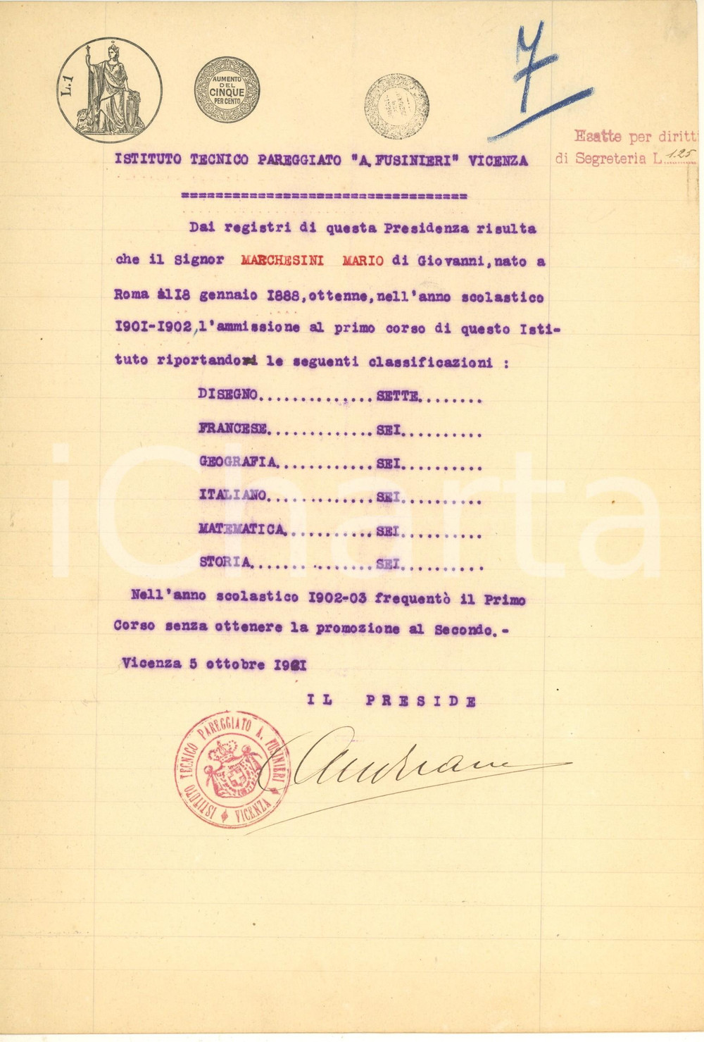 Oggetto da collezione cartaceo 1921 VICENZA Istituto Tecnico A. Fusinieri  Certificato Autografo ANDREANI 1