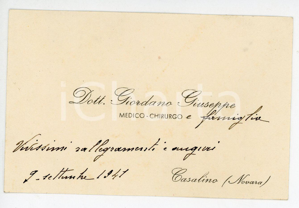 Oggetto da collezione cartaceo 1941 CASALINO NO Dott. Giordano GIUSEPPE Medico chirurgo  Biglietto da visita 1