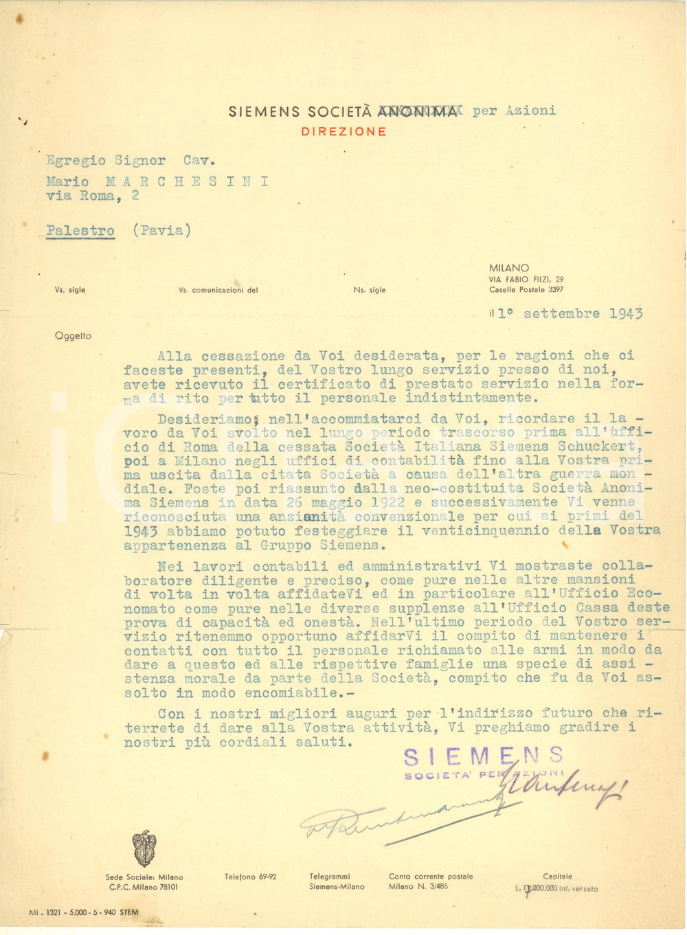 Documento originale, autentico 1943 MILANO Società SIEMENS  Lettera referenze per impiegato dimissionario 1