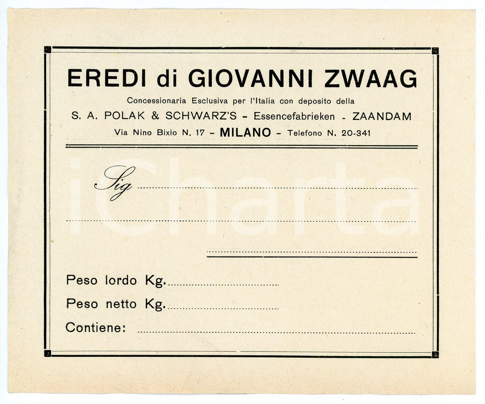 Oggetto da collezione cartaceo 1940 ca MILANO Eredi Giovanni ZWAAG Concessionari POLAK E SCHWARZ Etichetta 1