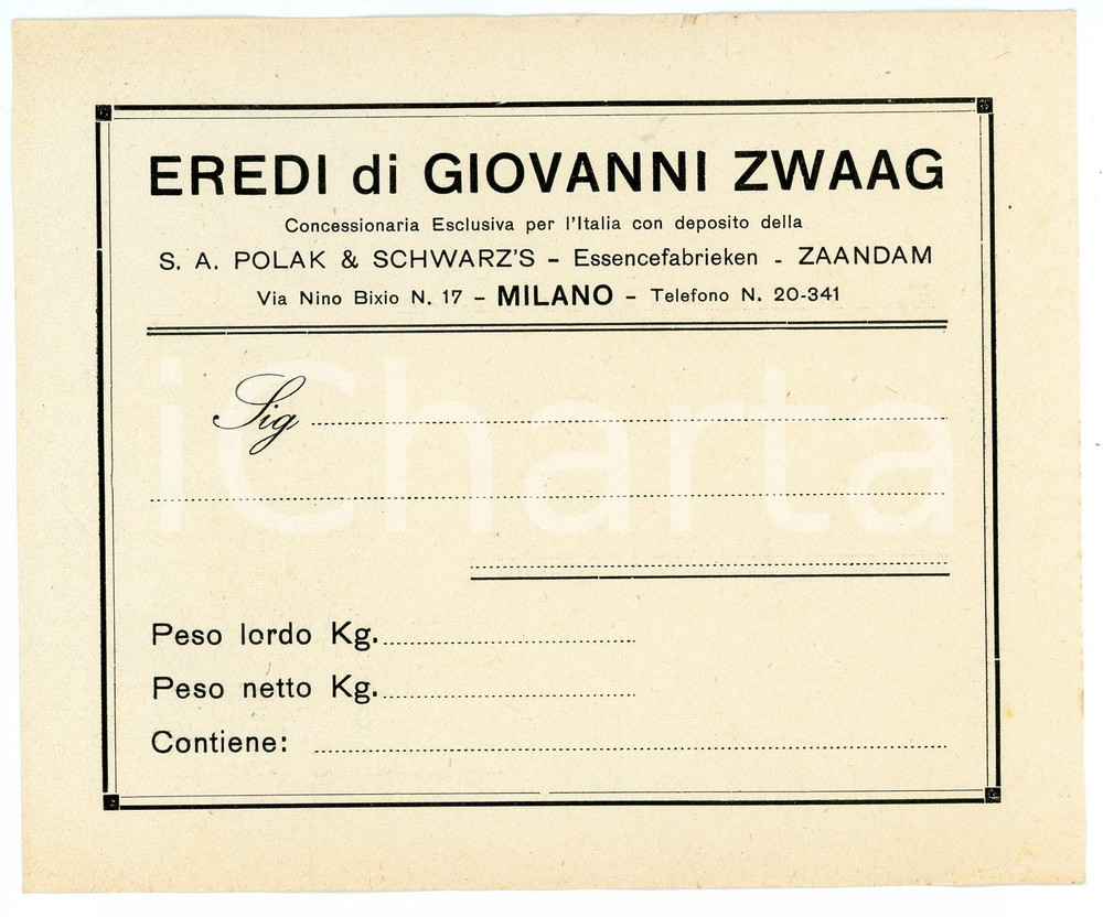 Oggetto da collezione cartaceo 1940 ca MILANO Eredi Giovanni ZWAAG Concessionari POLAK E SCHWARZ Etichetta 1 1