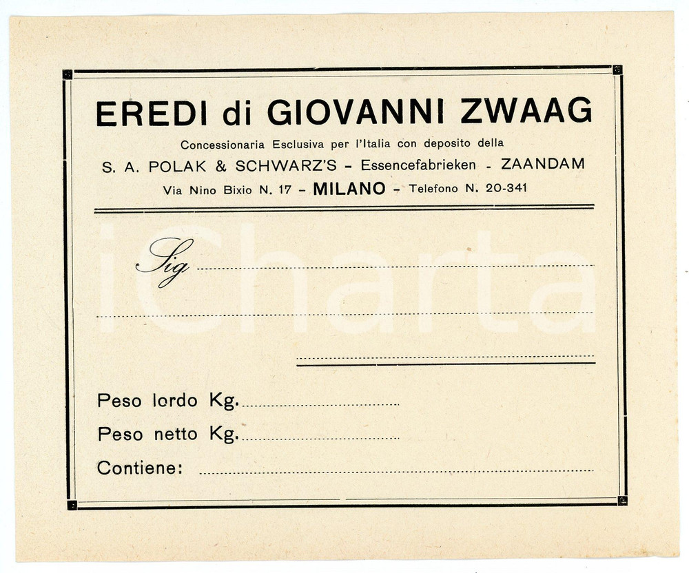 Oggetto da collezione cartaceo 1940 ca MILANO Eredi Giovanni ZWAAG Concessionari POLAK E SCHWARZ Etichetta 2 1